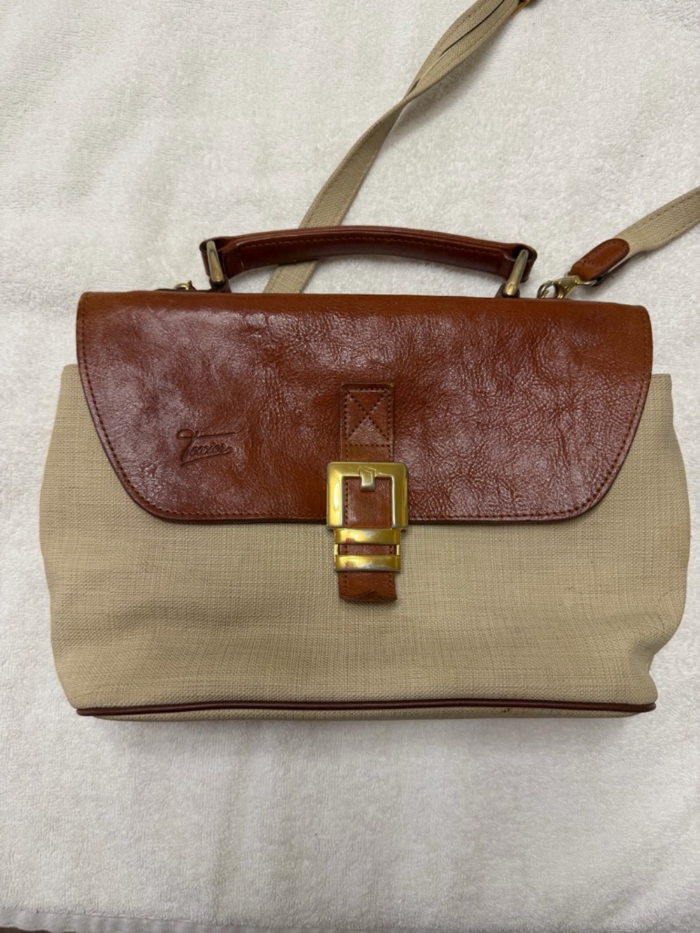 Vintage Texier France Beige Brown Crossbody Top Handle Bag